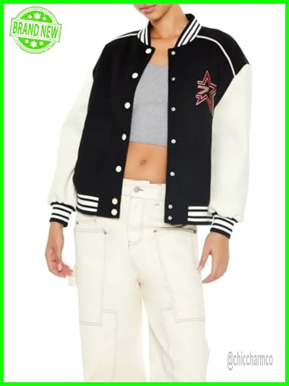 Women's Varsity Letterman Jacket Bomber Snap Front Polyester